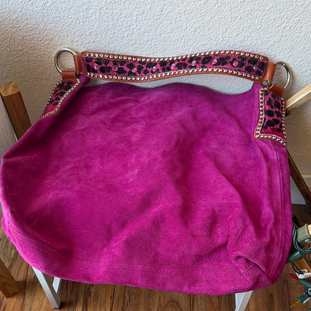 Genuine Leather Pink Suede Shoulder Hobo Bag with Studded Leopard-Print Strap